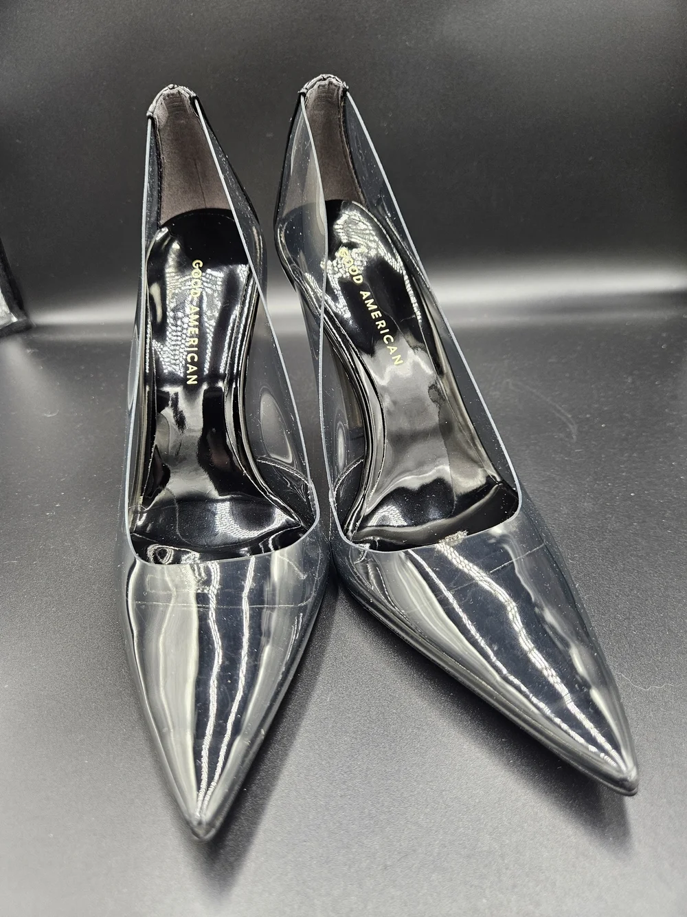 Good American Clear PVC Pointed-Toe Stilettos with Black Trim